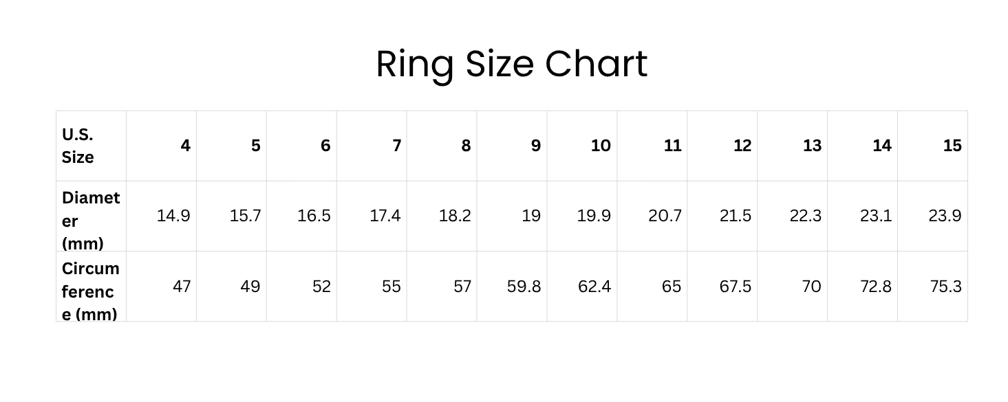 Ring size chart showing U.S. sizes 4 to 15 with corresponding diameters and circumferences in millimeters.