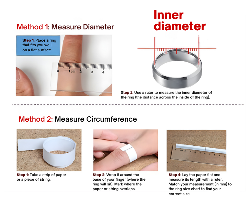 Detailed ring size chart with conversion between diameter and circumference measurements.