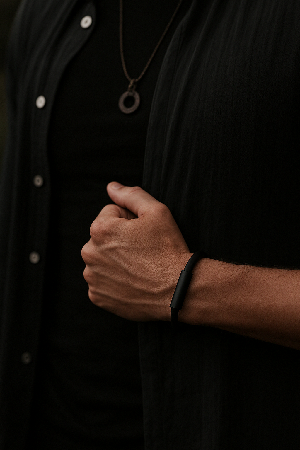 Man wearing The Breath Bracelet on wrist, styled with a black shirt, showing its modern and minimalist appearance for everyday wear.