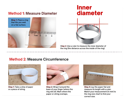 Detailed ring size chart with conversion between diameter and circumference measurements.